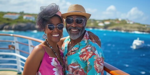 A photo of happy senior couple on a cruise ship, wearing colourful bright clothes on a sunny day. Travel and tourism concept.