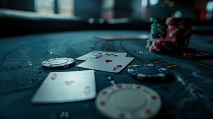 Naklejka premium Poker game with one pair combination. Chips and cards on the dark vintage table in poker club. 