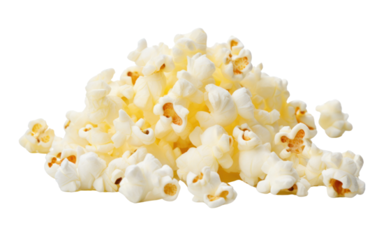Classic popcorn Isolated pieces on a white background It clearly shows popcorn with white swollen kernels, salt, and melted butter.