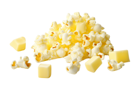 Classic popcorn Isolated pieces on a white background It clearly shows popcorn with white swollen kernels, salt, and melted butter.