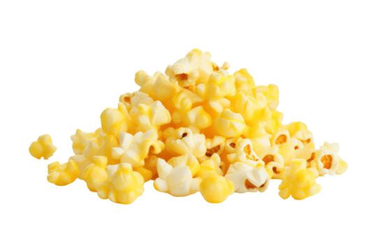 Classic popcorn Isolated pieces on a white background It clearly shows popcorn with white swollen kernels, salt, and melted butter.