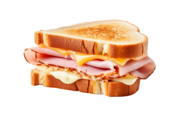 American style grilled sandwich Isolated pieces on a white background Showing crispy bread oozing cheese and the meat that is roasted until it is perfectly fragrant