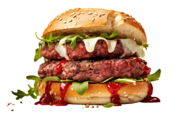 Classic Beef Burger Isolated pieces on a white background Shows soft bread Thick hamburger patties, melted cheese, fresh vegetables, and obvious sauce