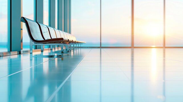 An empty airport waiting area with sleek benches and large windows, illuminated by the soft light of sunrise, creating a serene atmosphere.

