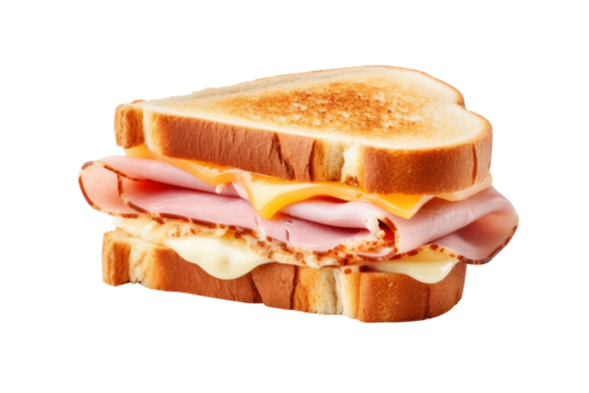 American style grilled sandwich Isolated pieces on a white background Showing crispy bread oozing cheese and the meat that is roasted until it is perfectly fragrant