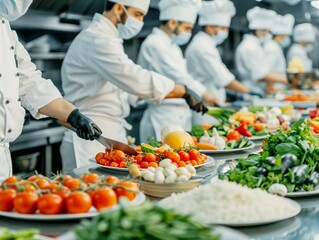 Team of chefs collaborating in a bustling kitchen, preparing a multicourse meal, highlighting teamwork and culinary coordination