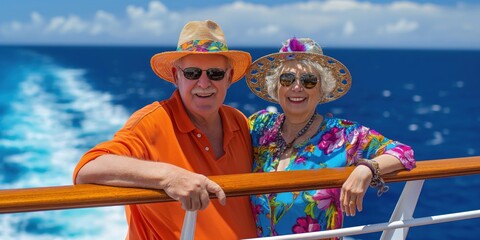 Obraz premium A photo of happy senior couple on a cruise ship, wearing colourful bright clothes on a sunny day. Travel and tourism concept.