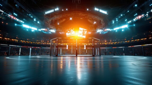 inside empty ufc octagon, octagon inside,black background, black stadium in the background, red back light, bright front yellow light, studio light