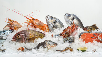 frozen sea fish and seafood placed on ice cubes in the middle of an empty space