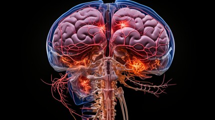 Human brain mri scan with orange highlighted regions on black background for medical education