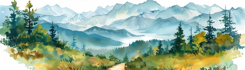 Mountain trail exploration, flat design, watercolor illustration, harmonious and vibrant palette, copy space for text