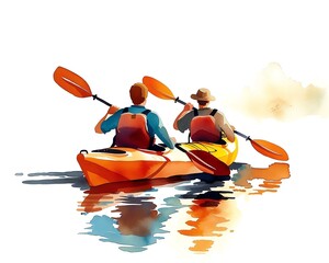 Two people kayaking on calm water with bright colorful kayaks, enjoying outdoor adventure and serene nature scene.
