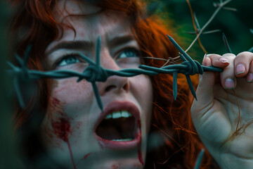 Enraged woman screaming, hands on barbed wire restraining her body.