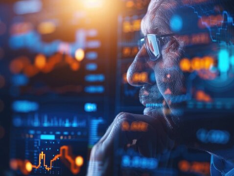 A thoughtful man analyzes digital data charts on a computer screen, blending technology and human insight in a futuristic setting.