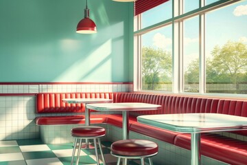 Bright retro diner interior with red booths, pastel walls, and large windows filling the space with...