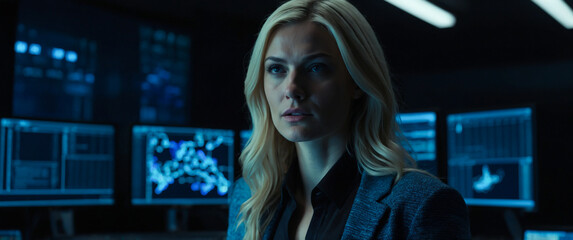 A blonde woman is sitting in front of a computer monitor in a dark room and a blue neon screen with a serious expression on her face. A blonde woman in a digital technology laboratory.