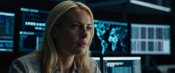 A blonde woman is sitting in front of a computer monitor in a dark room and a blue neon screen with a serious expression on her face. A blonde woman in a digital technology laboratory.