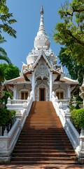Fototapeta premium The stairs lead to the ornate entrance of a Buddhist temple with a blue sky in the background