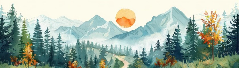 Fototapeta premium Stunning flat design of a mountain trail for hiking adventure, watercolor illustration, vibrant color scheme, copy space for text