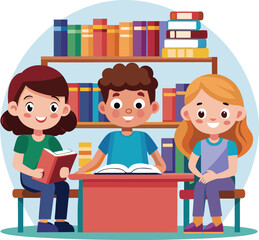 Cartoon kids studying in the library