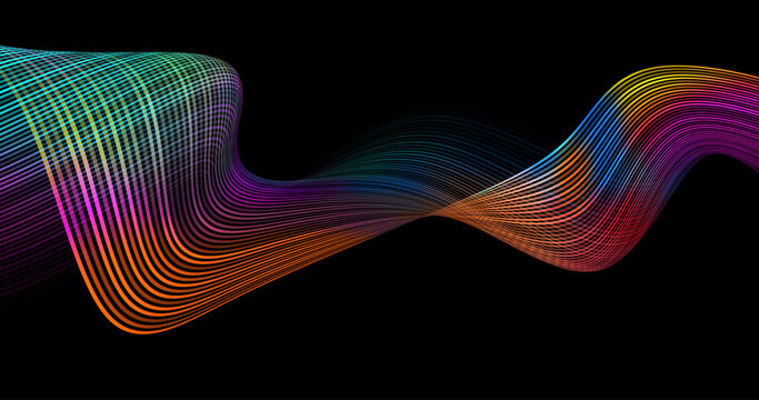 Abstract winding lines of different colors on a black background. Vector illustration in concept technology, science, music, modernity.