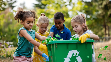 Children learning about recycling outside the classroom with a green recycle bin. A lesson about environmental cleaning or protection, separating wastes. Kid's charity activity.