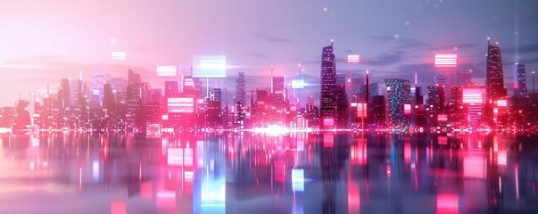 Fototapeta premium Silhouette of a futuristic city skyline reflected in water with vibrant neon lights.