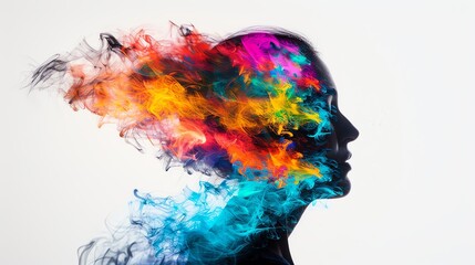 Vibrant colors in a high contrast portrait, featuring clean backgrounds, close up, fashion theme, dynamic, double exposure, with a backdrop of a solid white background