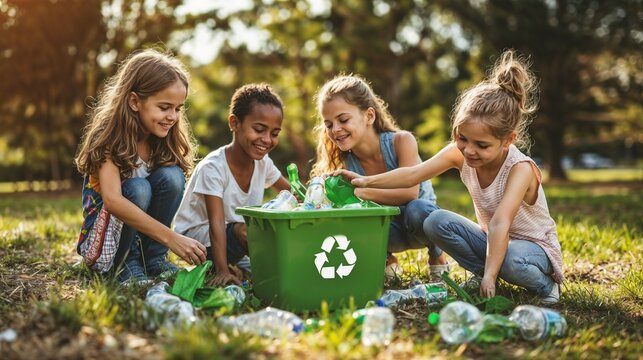 Children learning about recycling outside the classroom with a green recycle bin. A lesson about environmental cleaning or protection, separating wastes. Kid's charity activity. - Powered by Adobe