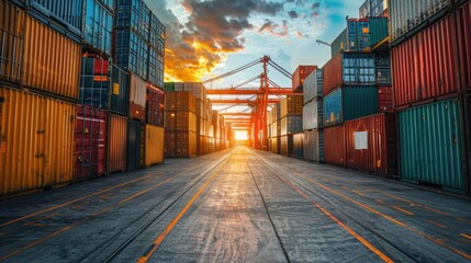 Fototapeta premium a logistics center managing exports and imports, showcasing efficient workflows and diverse products in a busy warehouse setting, emphasizing global trade operations.