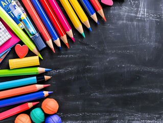 Top view of a blackboard with left-aligned school supplies, providing ample space for text or product placement. Ideal for back to school promotions.