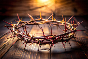 Background of a crown of thorns of Jesus Christ our Savior crucifixion on top of old wood
