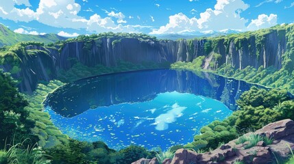 Obraz premium Vibrant anime depiction of crater lakes with crystal-clear waters reflecting the surrounding natural beauty