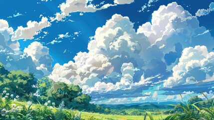 Obraz premium Vibrant anime depiction of fluffy white clouds floating in a clear sky above a tranquil countryside