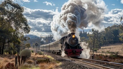 Obraz premium The smoke from the locomotive engine billows into the air, a nostalgic sight from a bygone era of travel.