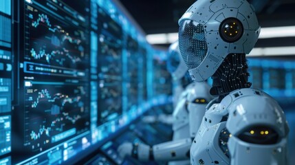 Fototapeta premium A team of data scientists analyzing complex algorithms on multiple screens, AI-powered robots assisting in the background, blue and silver tones, cutting-edge technology, ultra-realistic, high detail