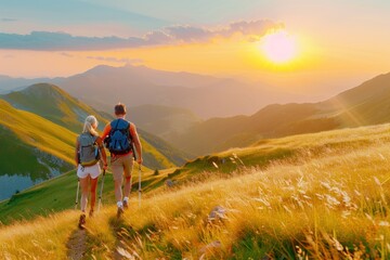 Fototapeta premium Mountain travel hike people adventure man summer journey tourism group trekking, Hike