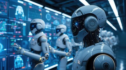 Fototapeta premium A team of data scientists analyzing complex algorithms on multiple screens, AI-powered robots assisting in the background, blue and silver tones, cutting-edge technology, ultra-realistic, high detail