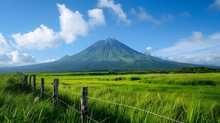 Fototapeta premium Green Grass Field With Mountain In Background