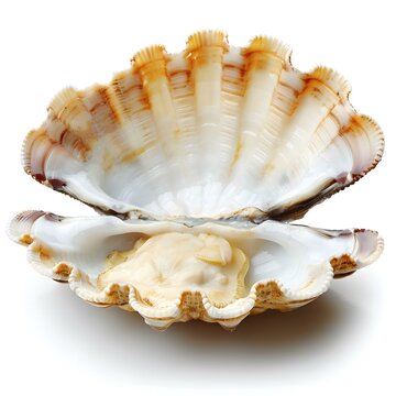 A closeup of an open seashell with a white background