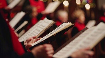 Close up of people choir members holding singing book while performing in a cathedral