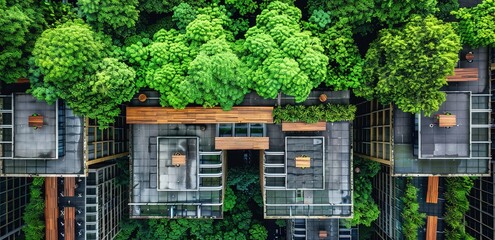 Many multi-storey buildings surrounded by many trees were photographed from above