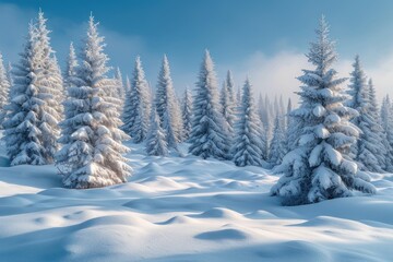 Obraz premium A beautiful snowy forest with towering mountains in the distance