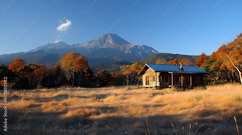 Sticker Autumn mountain cabin with a view