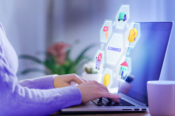 E-commerce Analysis on Laptop with Security, Transport, Shopping, and Home Icons