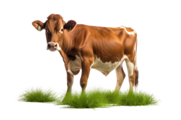 A cow in a standing position, eating grass, conveys liveliness and interest. Isolated on white background.