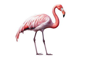 A flamingo stands on one leg, eyes closed, resting, relaxed pose. smooth feathers and quiet atmosphere isolated on white background.