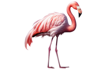 A flamingo stands on one leg, eyes closed, resting, relaxed pose. smooth feathers and quiet atmosphere isolated on white background.