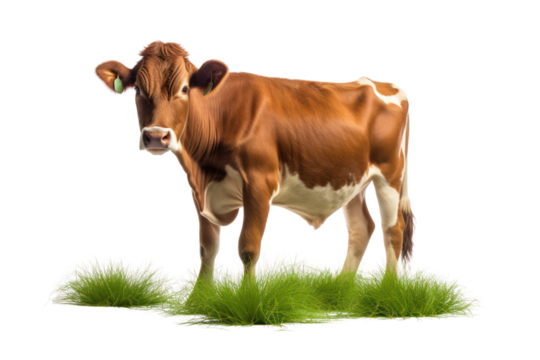 A cow in a standing position, eating grass, conveys liveliness and interest. Isolated on white background.