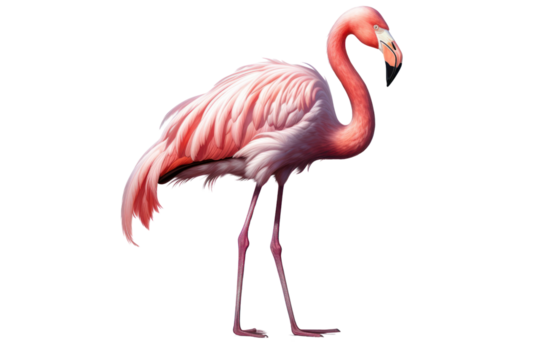 A flamingo stands on one leg, eyes closed, resting, relaxed pose. smooth feathers and quiet atmosphere isolated on white background.